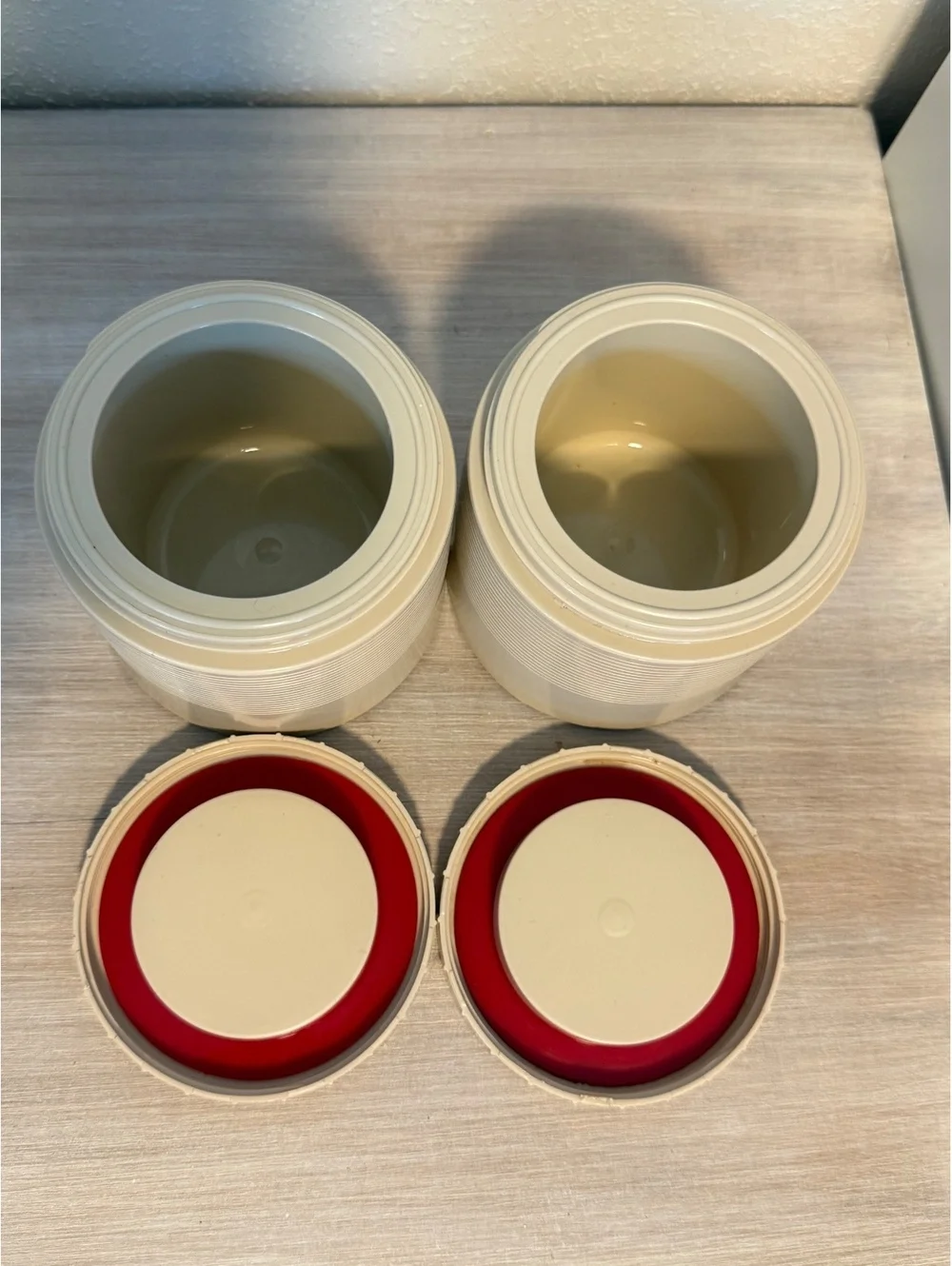 Vintage Pair of Thermos Insulated Food Jars with Red and Cream Lids
